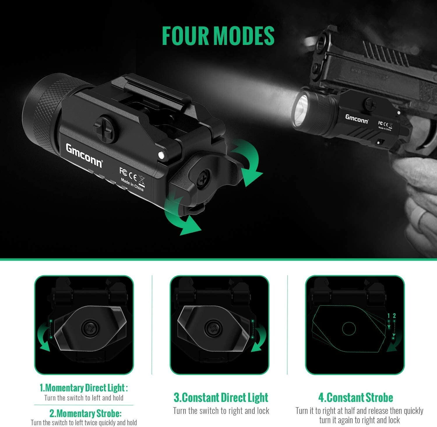 Gmconn 1200 Lumens Tactical Flashlight Pistol LED Strobe Light Picatinny Mounted