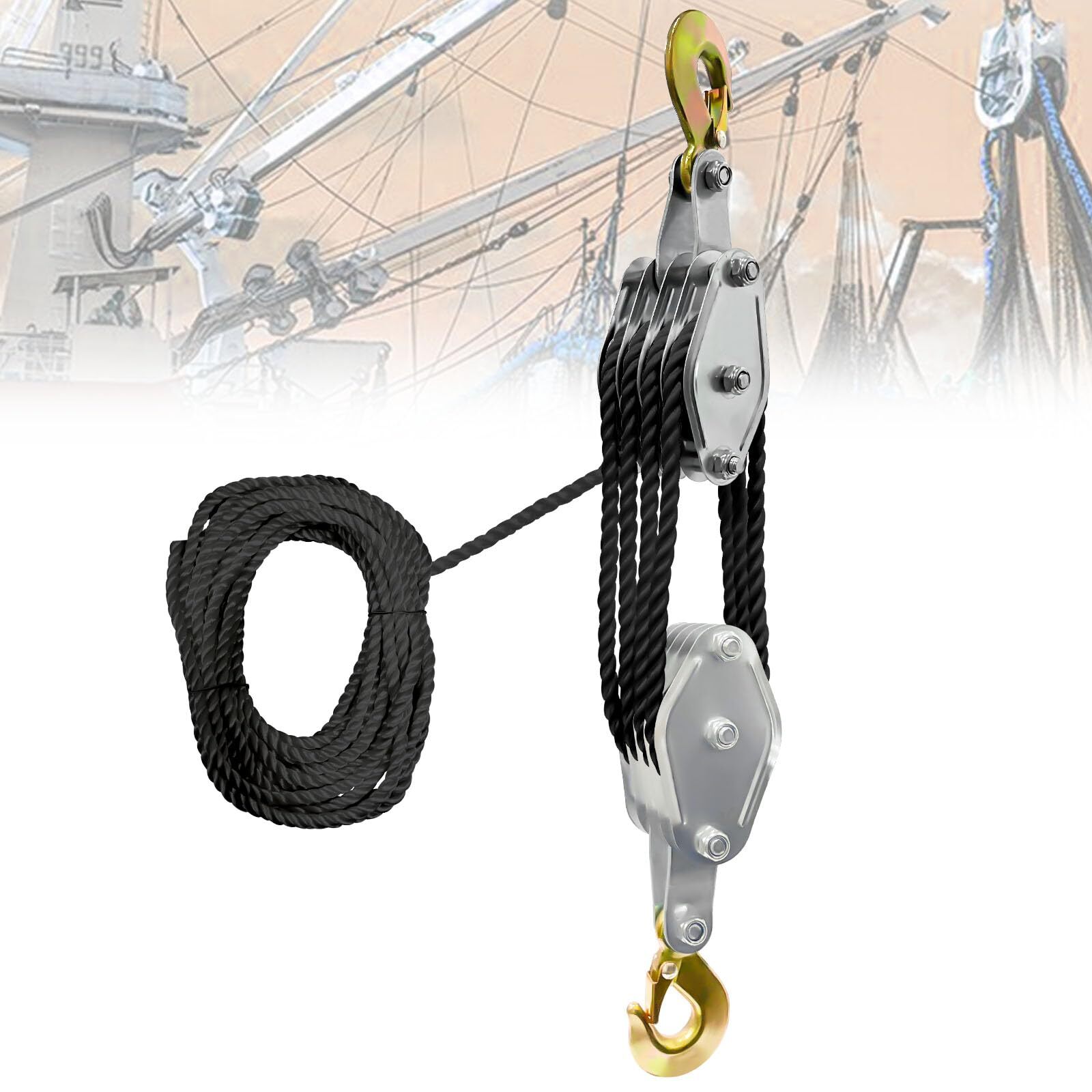 Rope Pulley Hoist 4400 LB, 8:1 Lifting Power Pulley Block and Tackle System
