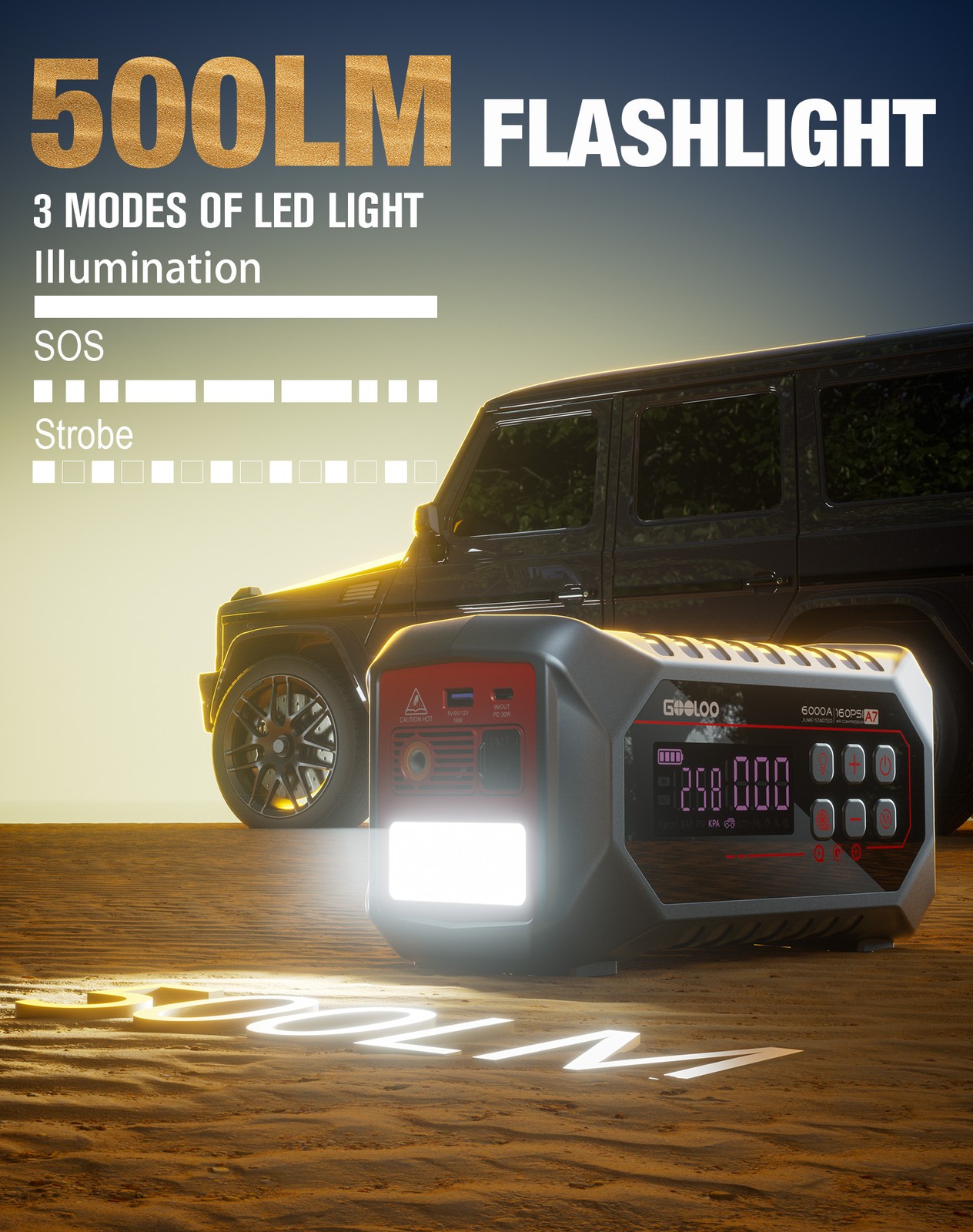 GOOLOO A7 Jump Starter with Air Compressor 6000A &160PSI 12V Car Battery 12-in-1