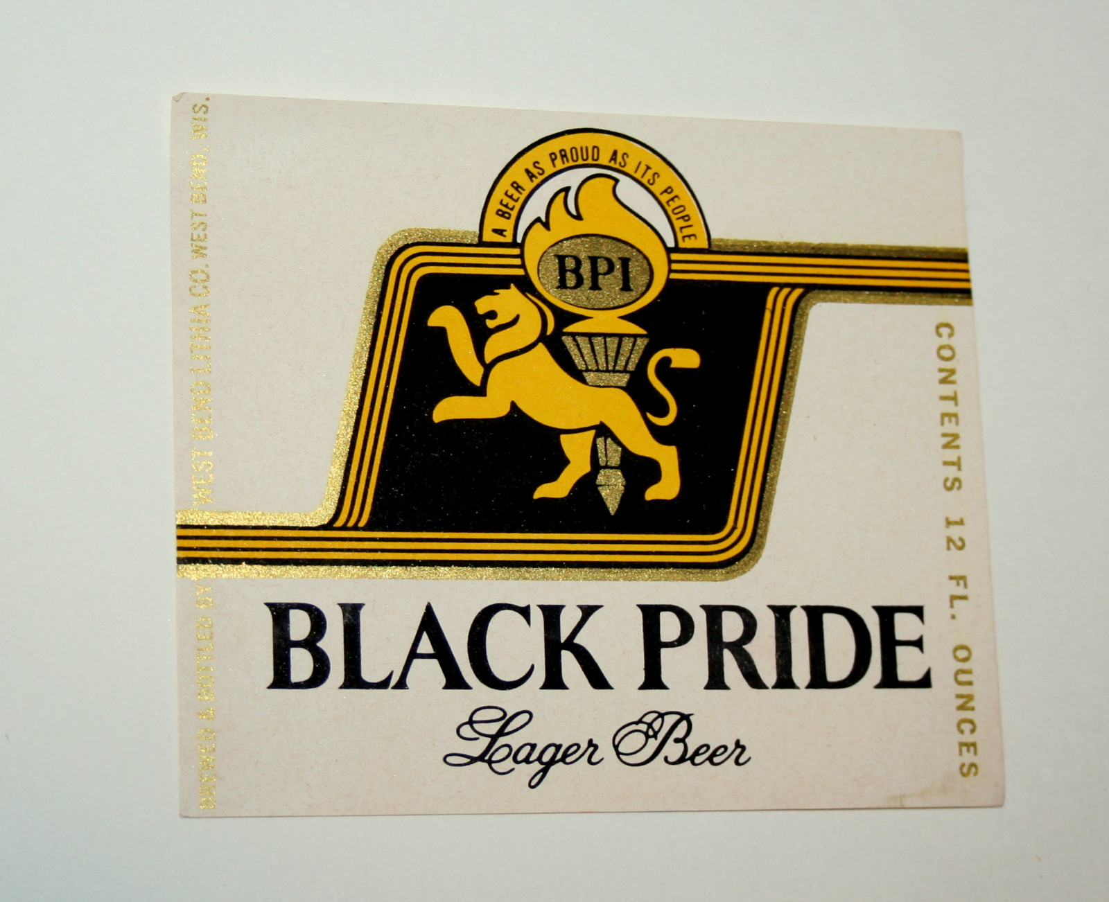 Vtg Americana Black Pride Beer Bottle Label West Bend Brewing Unused NOS New 50s