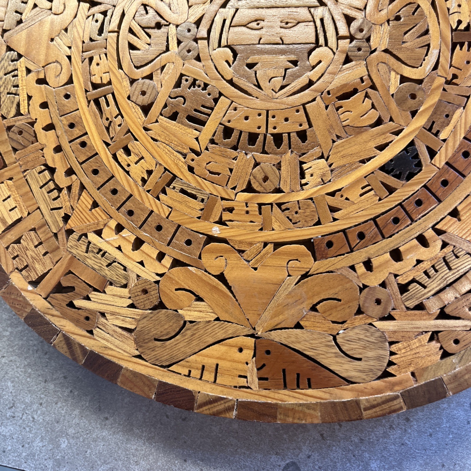 Vintage Aztec Mayan Calendar Mexico Inlaid Wall Hanging 13” Solid Wood