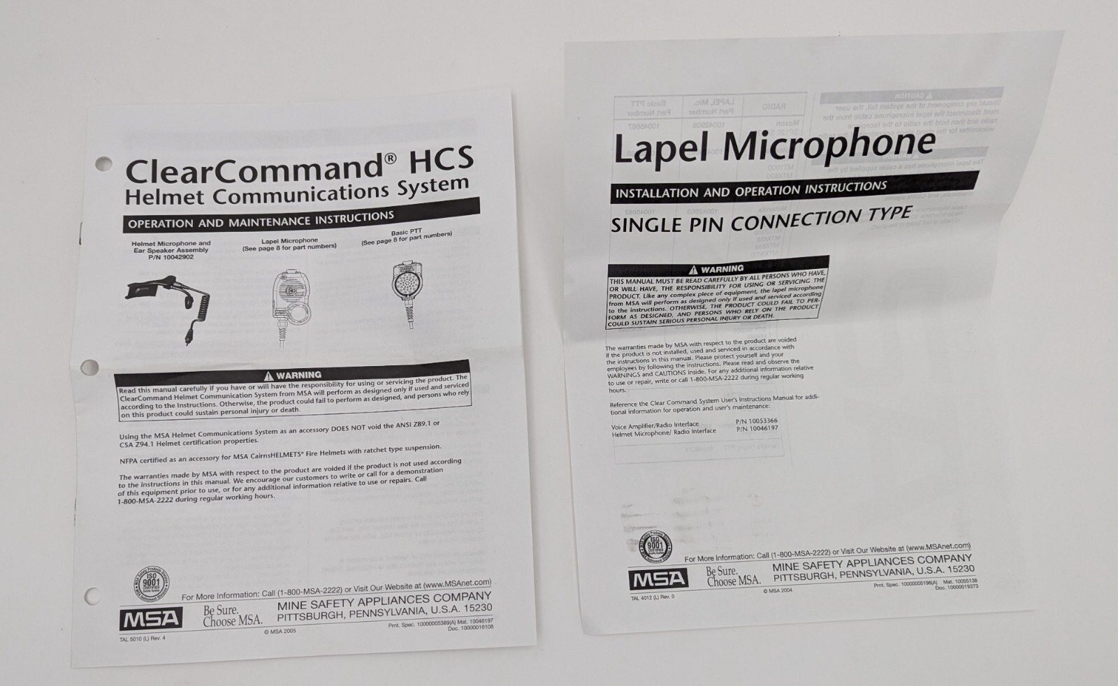 MSA 10042903 ClearCommand HCS Helmet Communication System Lapel Microphone - NIB