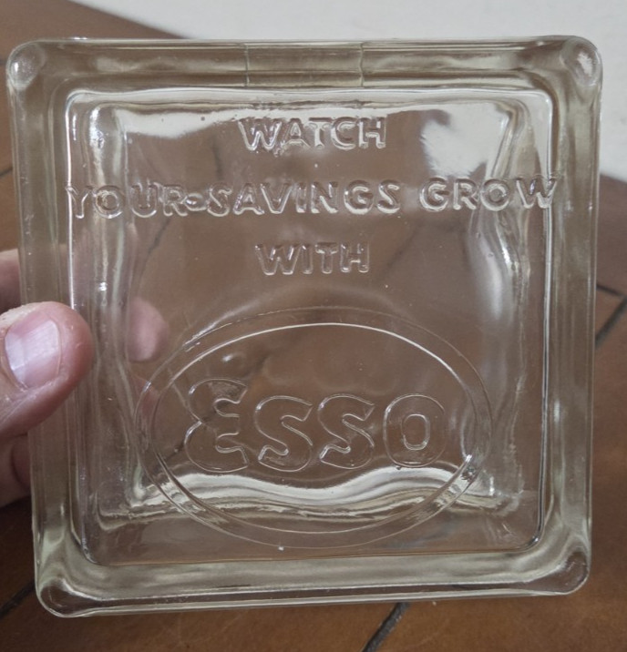 VINTAGE ADVERTISING GLASS BLOCK ESSO GAS OIL CO SAVINGS BANK COLLECTIBLE