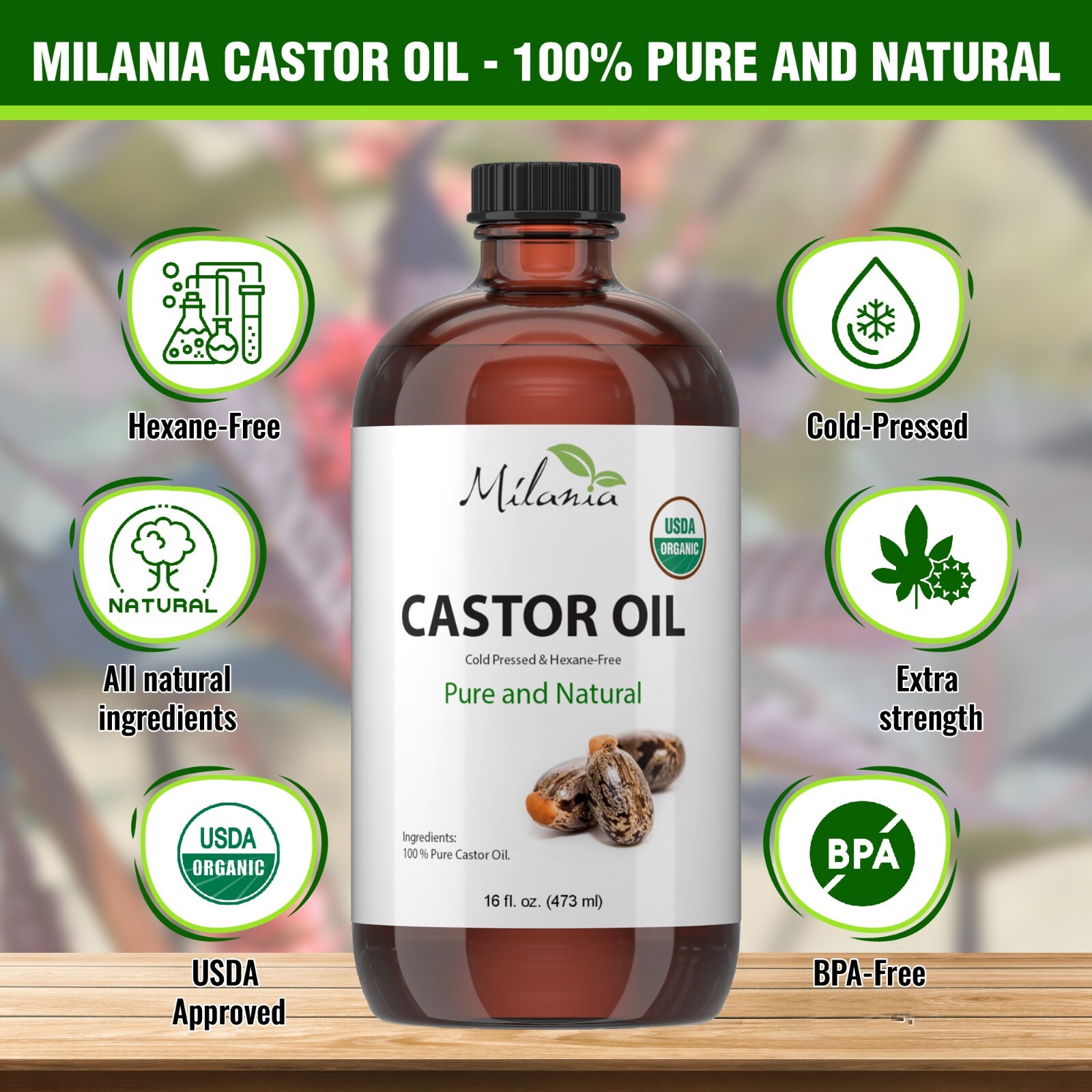 Milania Organic Castor Oil (16oz) - Glass Bottle - Cold Pressed & Hexane-Free.