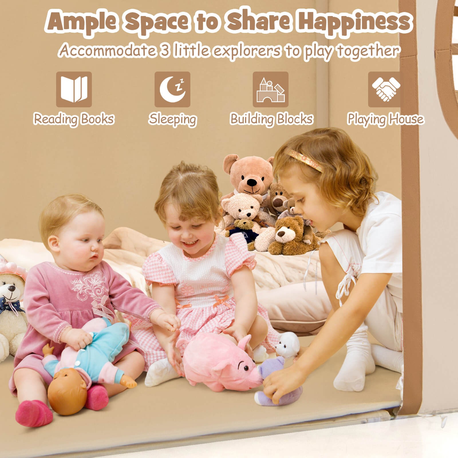 Kids Play Tent with Padded Mat, Star Lights, Side Storage Bags, Door & Windows