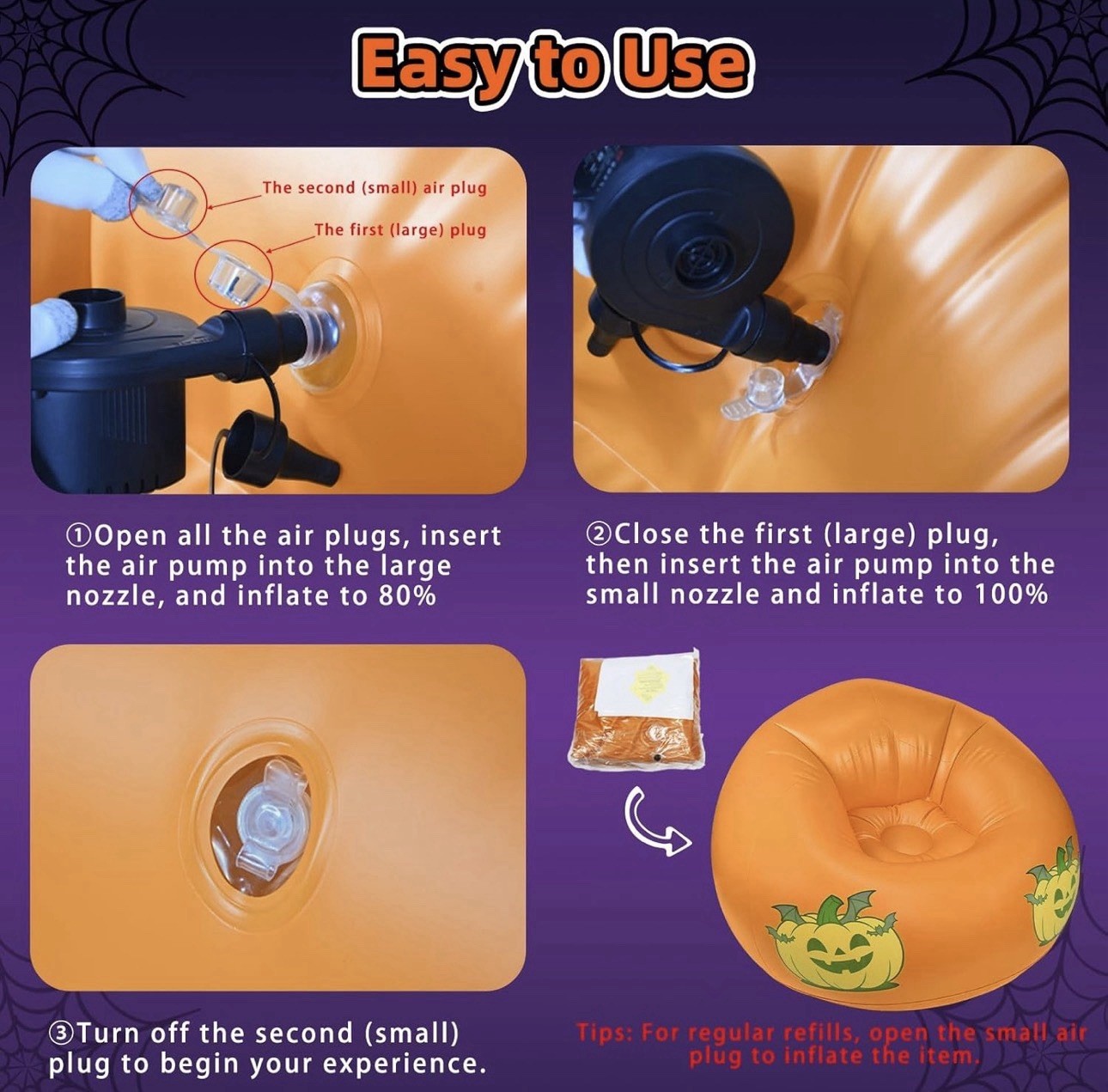 Inflatable Bean Bag Chair Sofa for with Pumpkin Pattern Glow in The Dark, Blo...