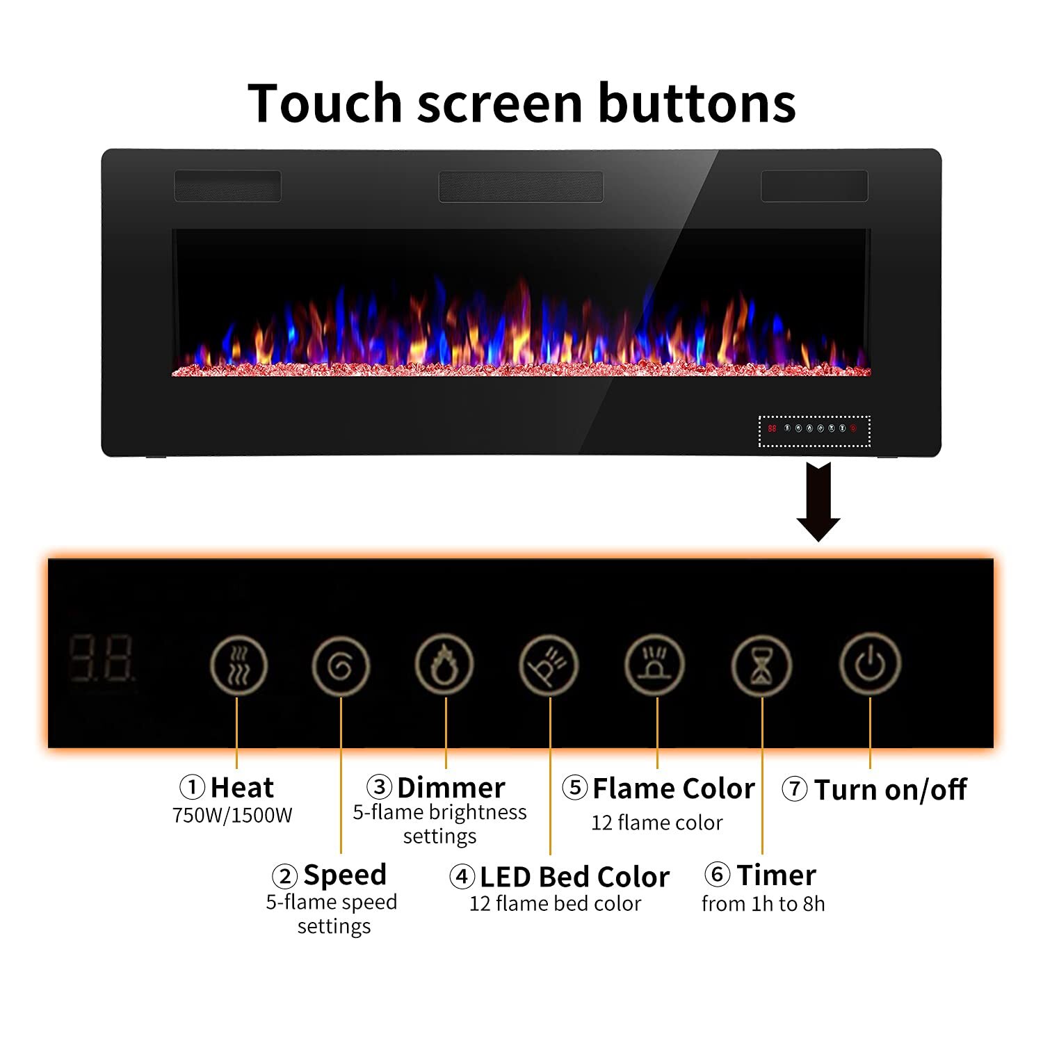 Electric Fireplace 30'' 36'' 42'' 50'' 60'' 68'' Wall Mounted Recessed Heater