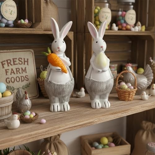Resin Easter Bunny Decor, Adorable Mini Bunny Figurine with Carrot and Overalls