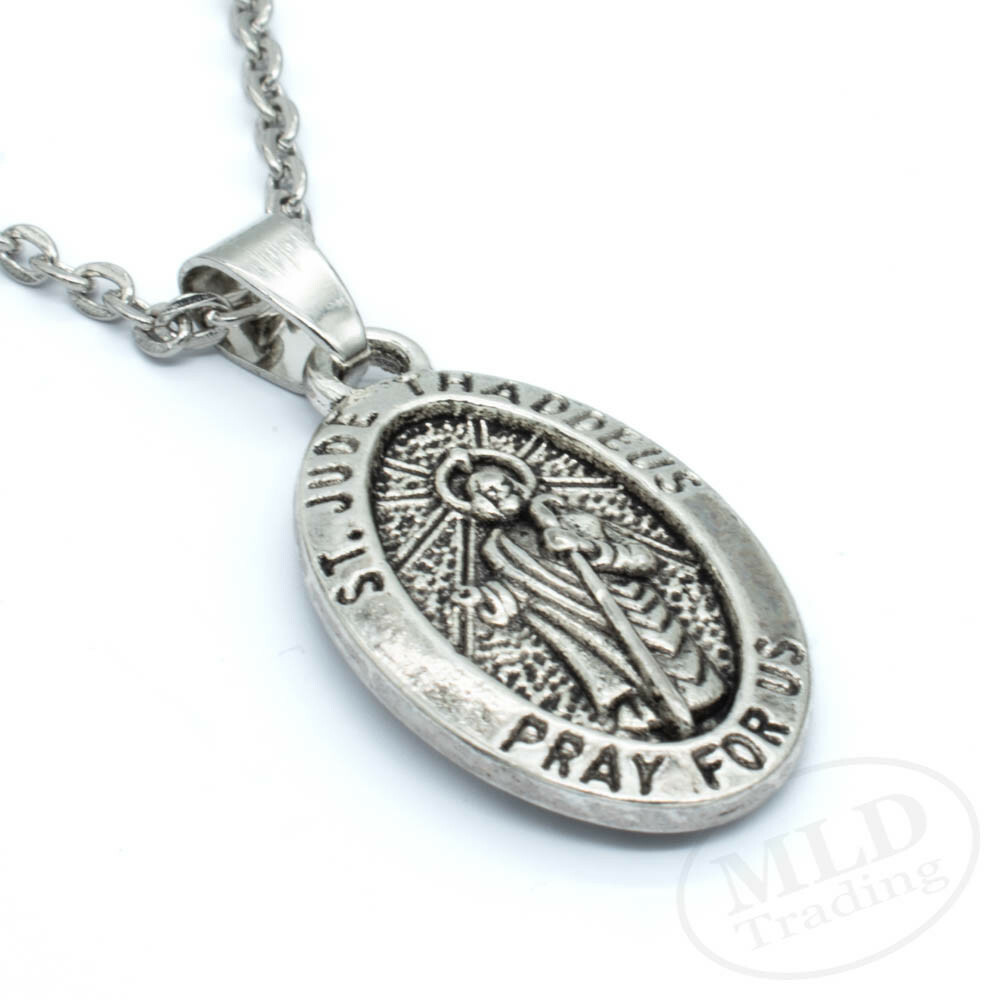 Saint St Jude Thaddeus Pray For Us Oval Silver Medal Pendant Necklace 18" Chain