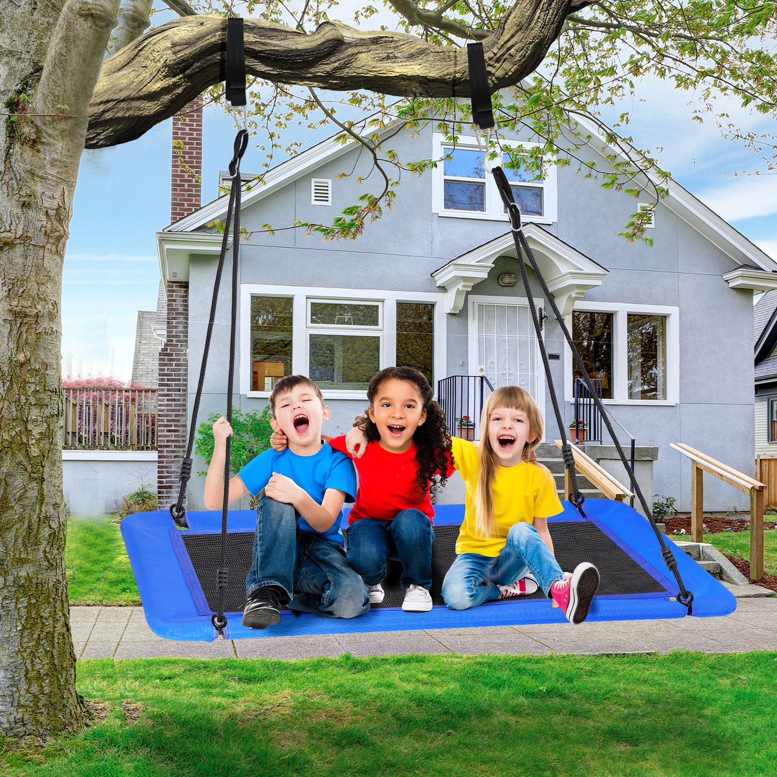 60" Rectangle Platform Tree Swing for Kids and Adults with 2 Hanging Straps Blue
