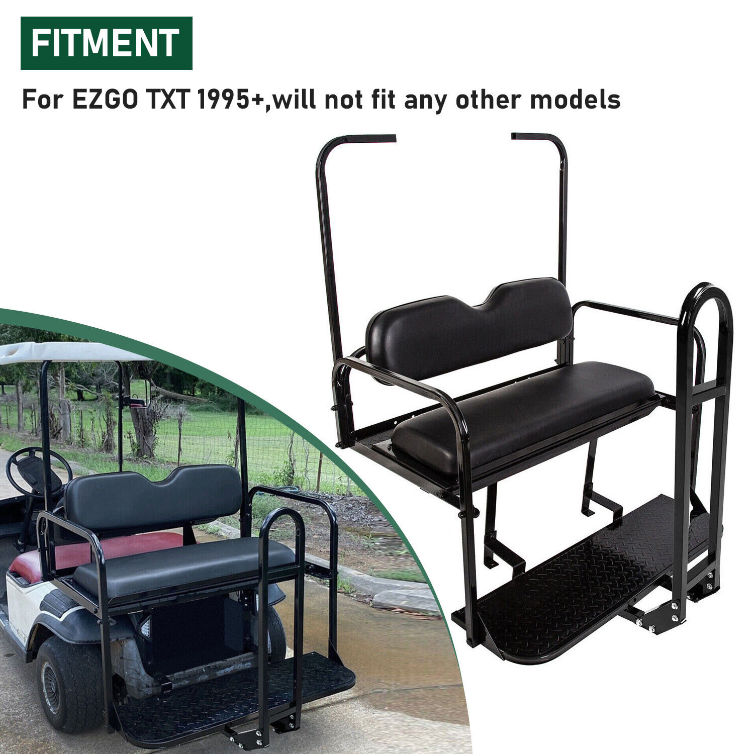 For 1995-UP EZGO TXT Golf Cart Flip Rear Seat Kit W/Roof Support Safety Grab Bar