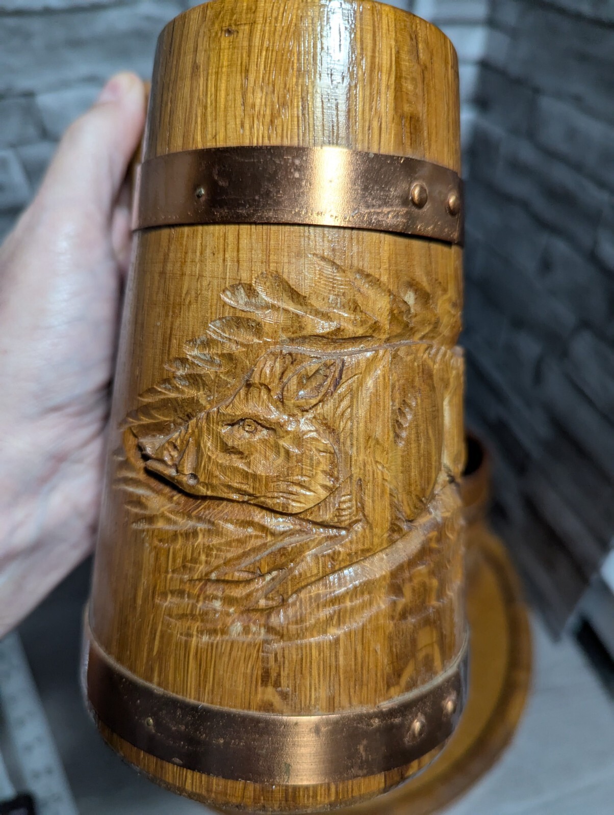 Vtg Set Of 5 Wood & Copper Beer Mug Stein Tankard Cups w/Tray Viking Bar Decor