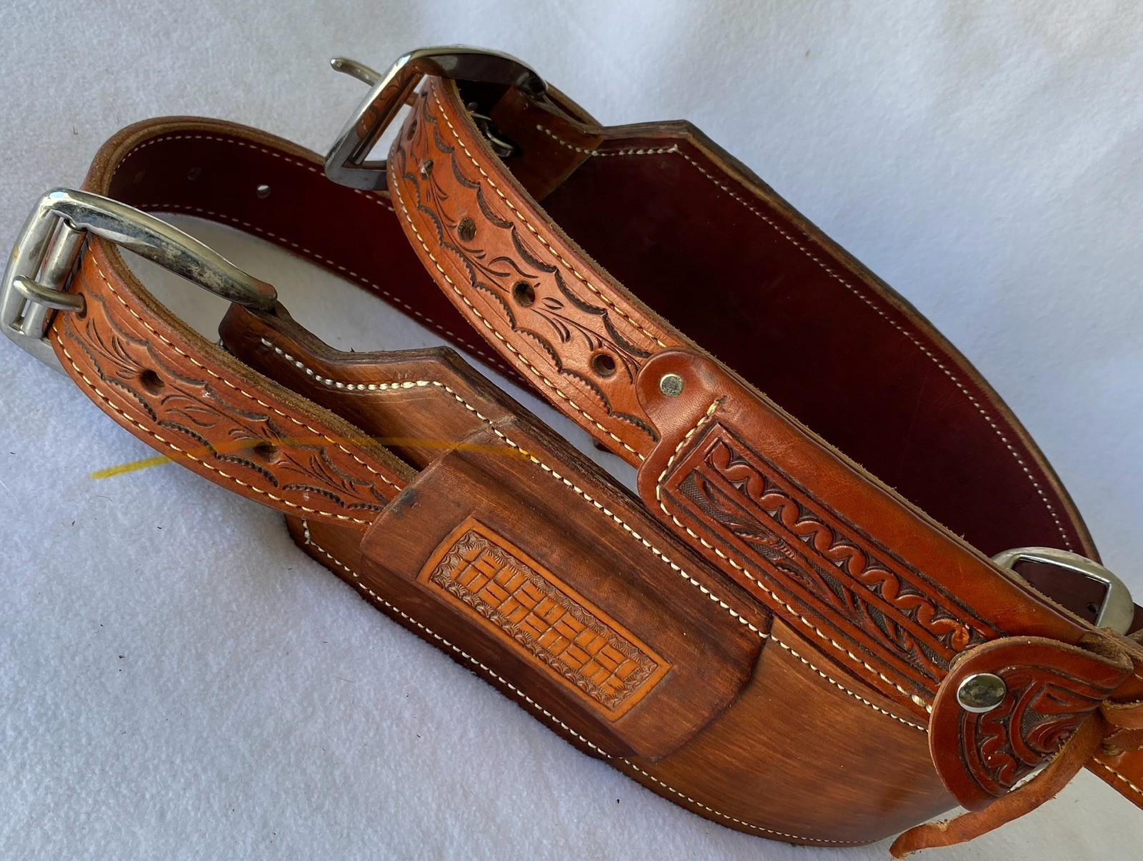 High QUALITY Double Stitch TOOLED Skirt Leather Back Flank Cinch &Billet SET~EUC