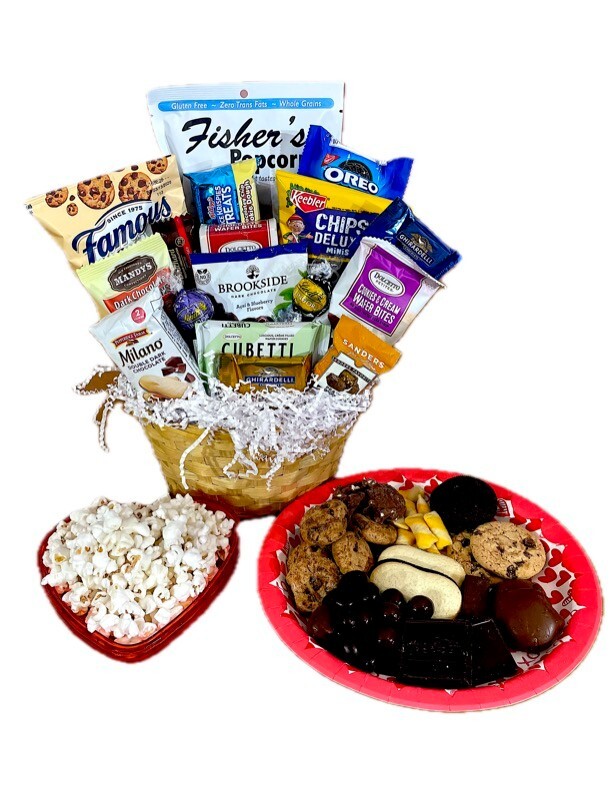 Valentines Day Chocolate Gift Basket filled with assorted chocolates, cookies, s