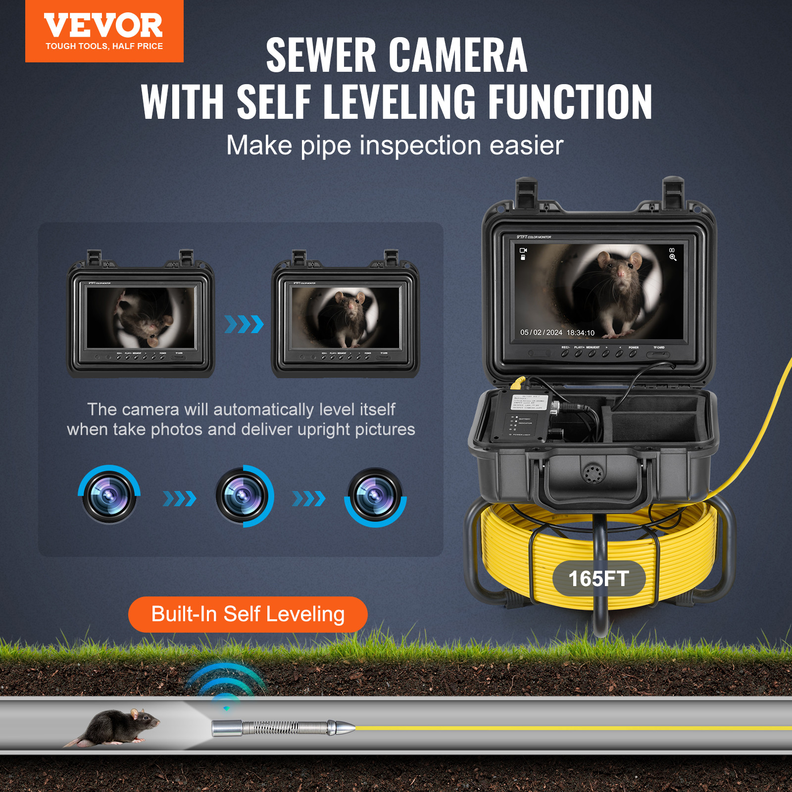 VEVOR Sewer Camera 165ft/50m Self-Leveling Drain Camera with 9" Screen 36X Zoom