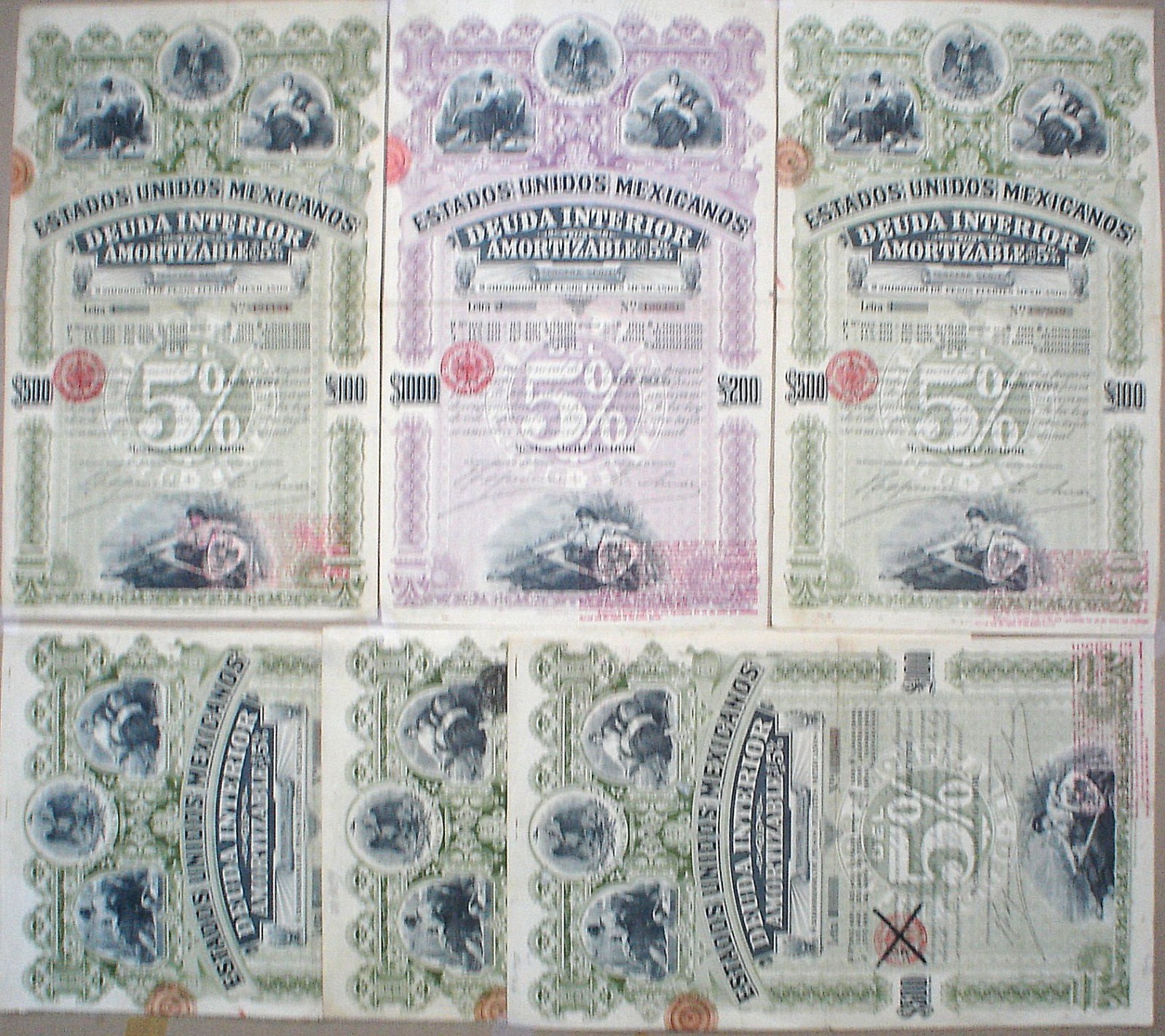 6 x ESTADOS UNIDOS MEXICANOS BONDS 5 x 500 + 1 x 1000$ = £100 + £200 uncanceled