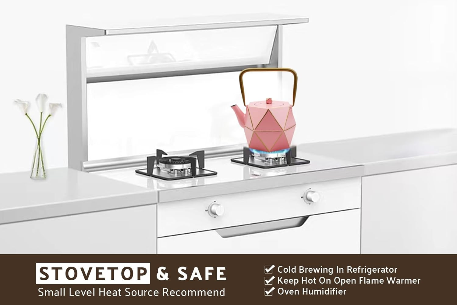 Teapot with Removable Infuser, Cast Iron Tea Kettle Stovetop Safe, Solid Geometr