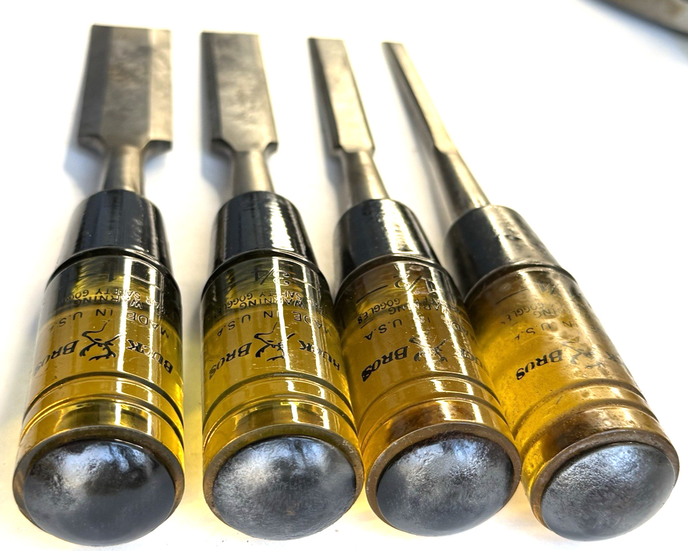 4 Vintage Woodwrking Chisels Buck Bros 1”, 3/4”, 1/2”, 1/4” Made in USA