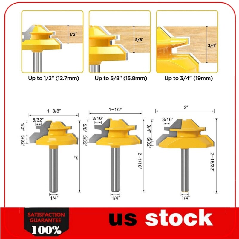 3Pcs 45 Degree Lock Miter Router Bit Set,1/2",5/8",3/4" Cutting Height,1/4"Shank