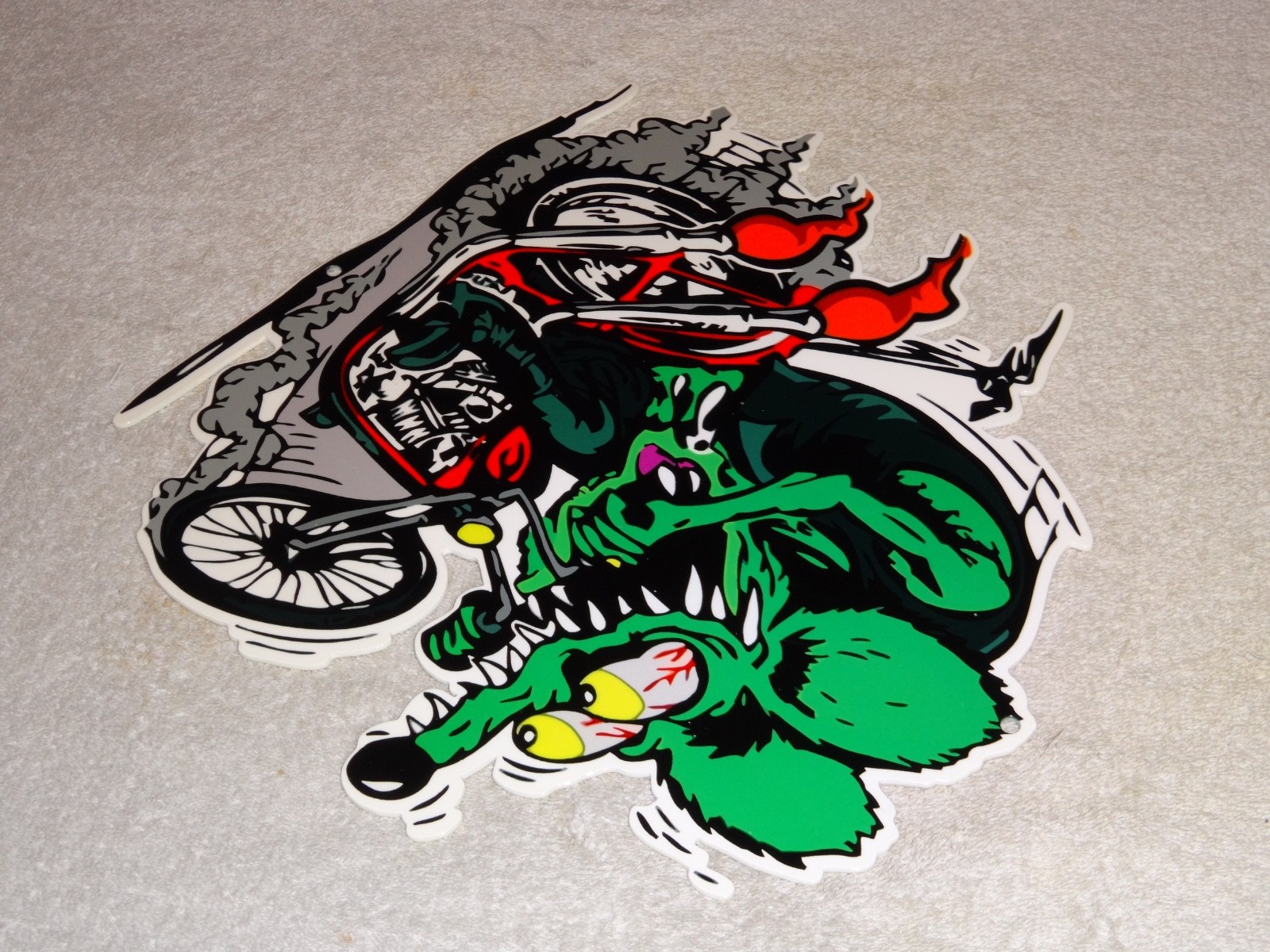 VINTAGE RATFINK RIDES MOTORCYCLE 12" PORCELAIN METAL RAT FINK GASOLINE OIL SIGN