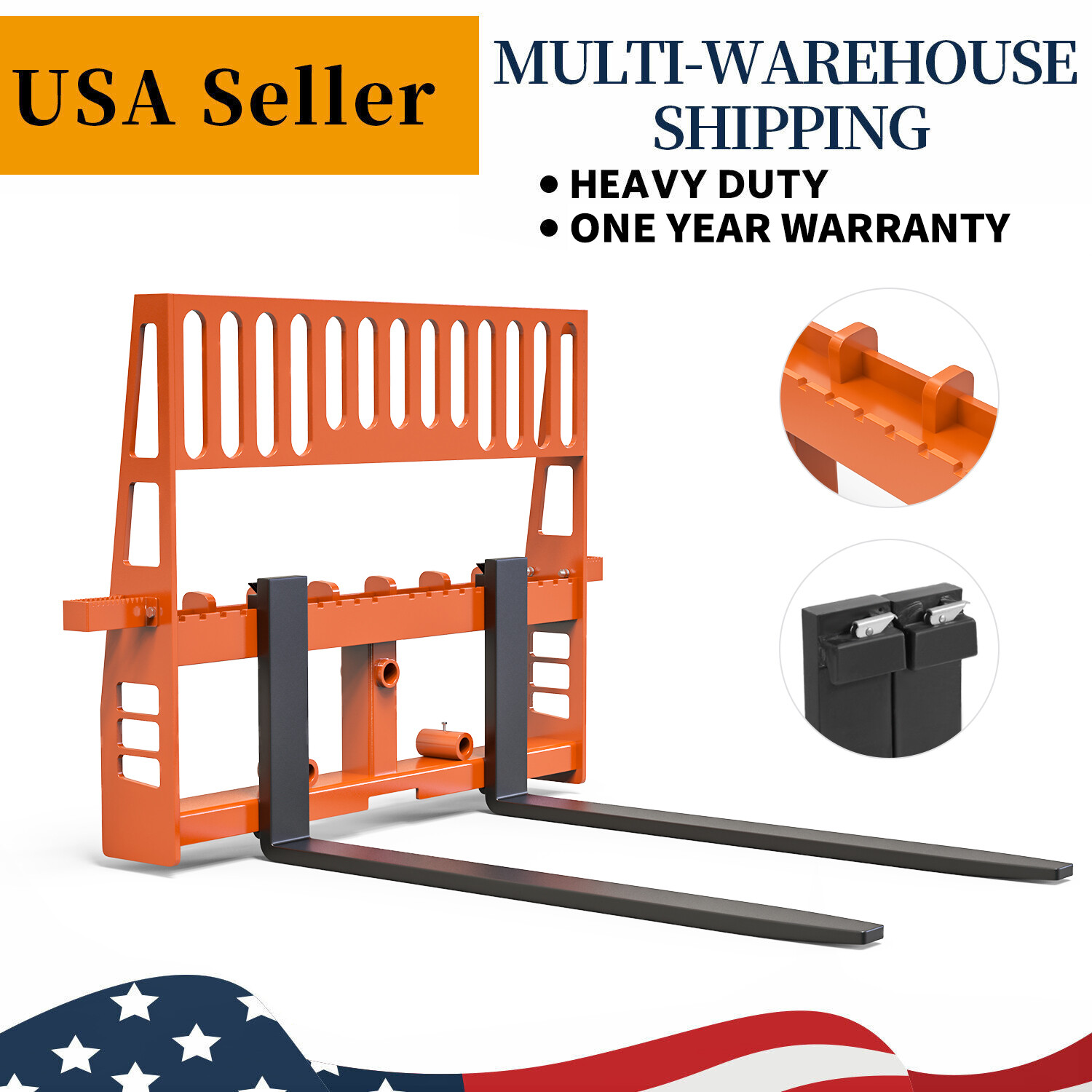 45" Skid Steer Pallet Fork Frame Orange With 48" Fork Blades Attachment 4500LBS