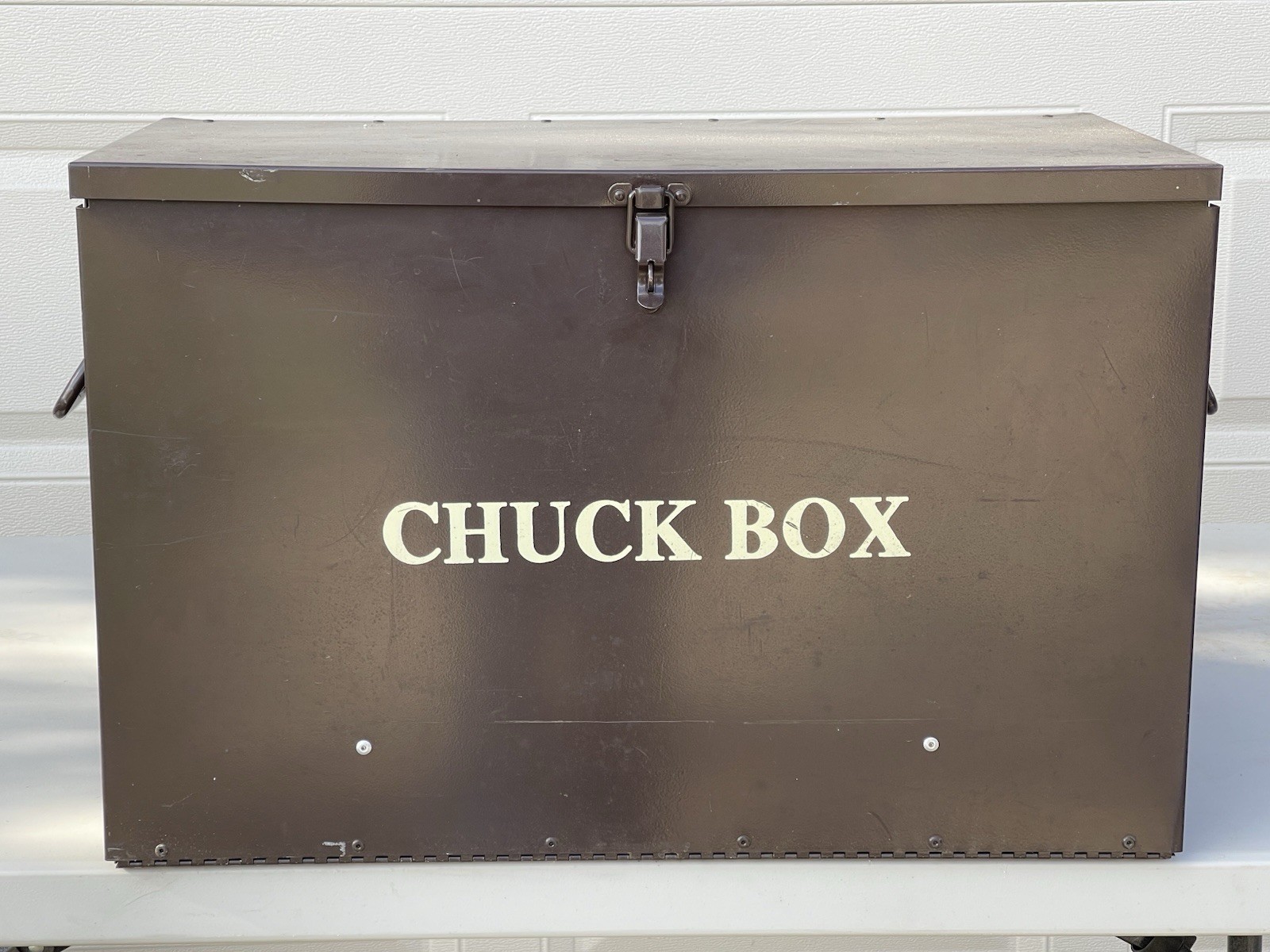 VTG Metal Chuck Box Camping Kitchen Storage Trunk w/ Contents Brown