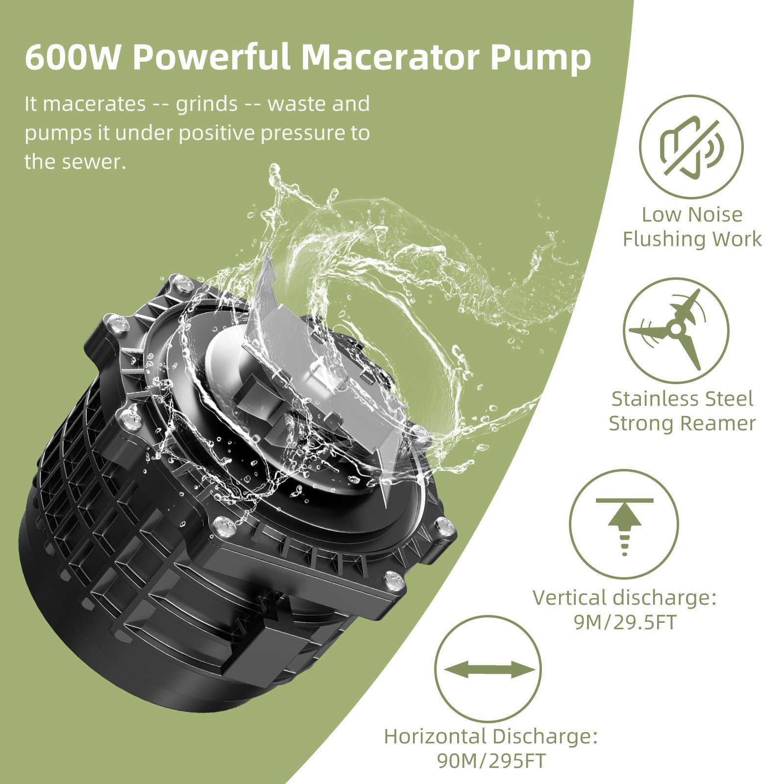 One Piece Macerating Toilet System with 600W Pump Upflush Toilet for Basement