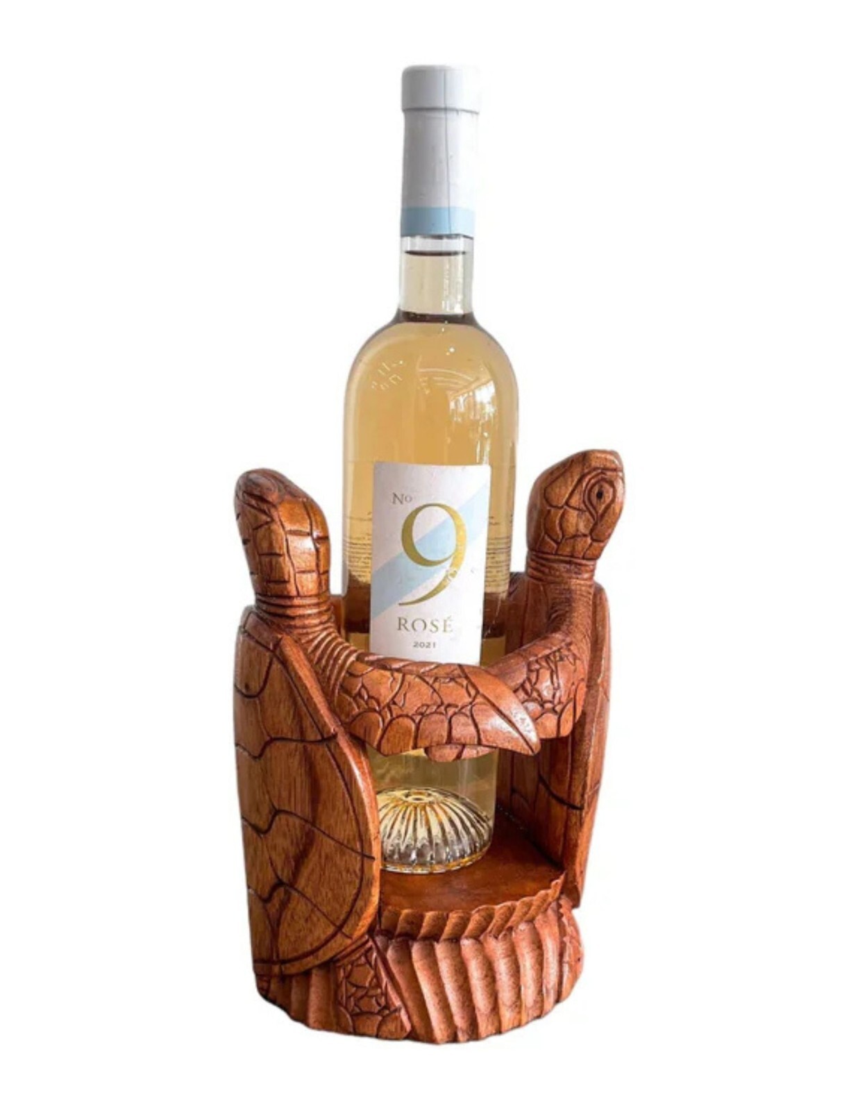 SEA TURTLE WINE BOTTLE HOLDER HAND CARVED WOOD ART HOME DECOR ISLAND TIKI BAR