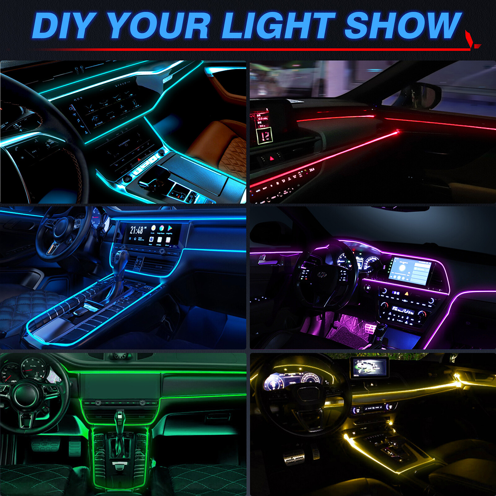 10m RGB 8 in 1 Interior Car LED Strip Lights Car Ambient Decor Neon Lights Kit