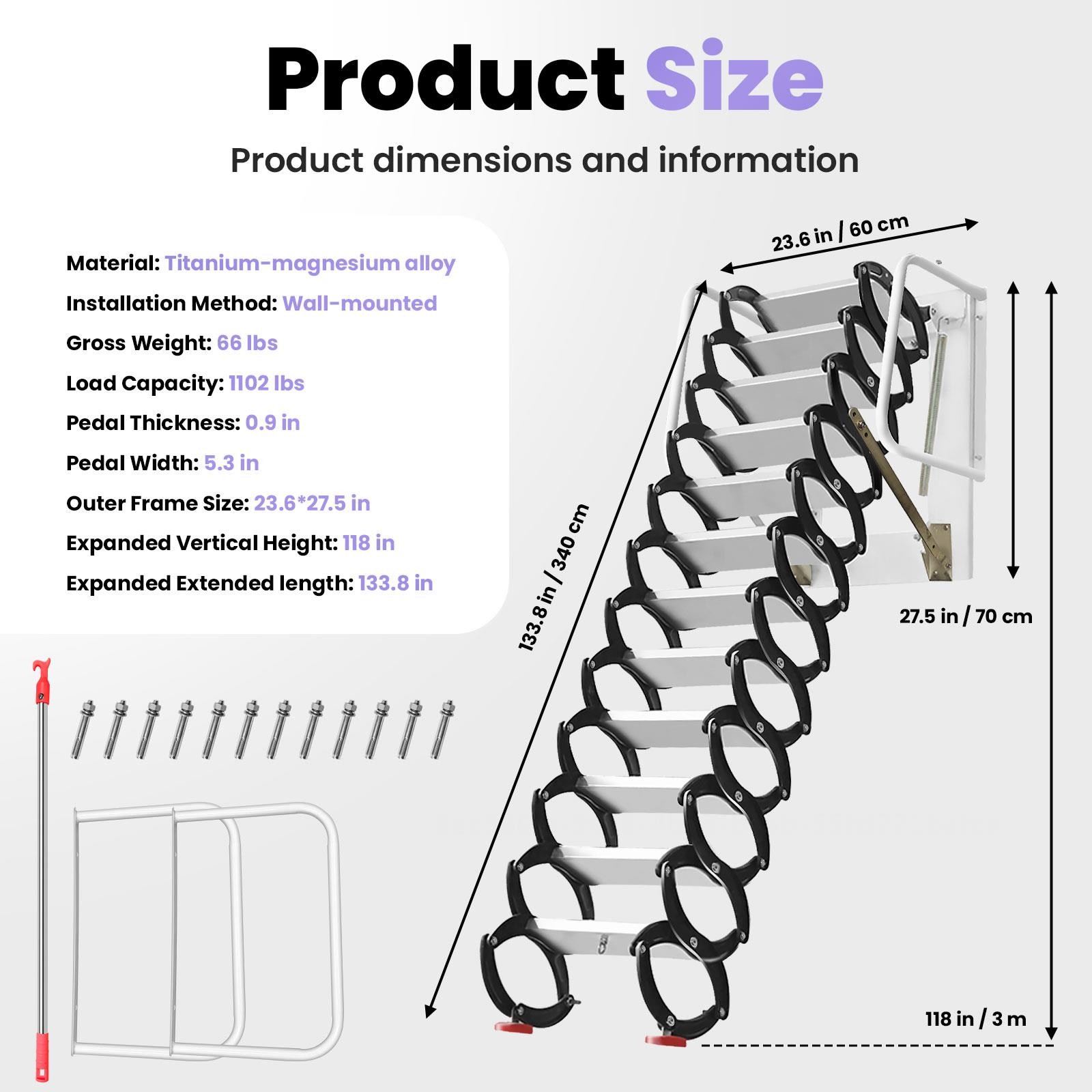 1102lb Anti-Slip Attic Ladder,Wall-Mounted Attic Ladder Pull Down System forRoof