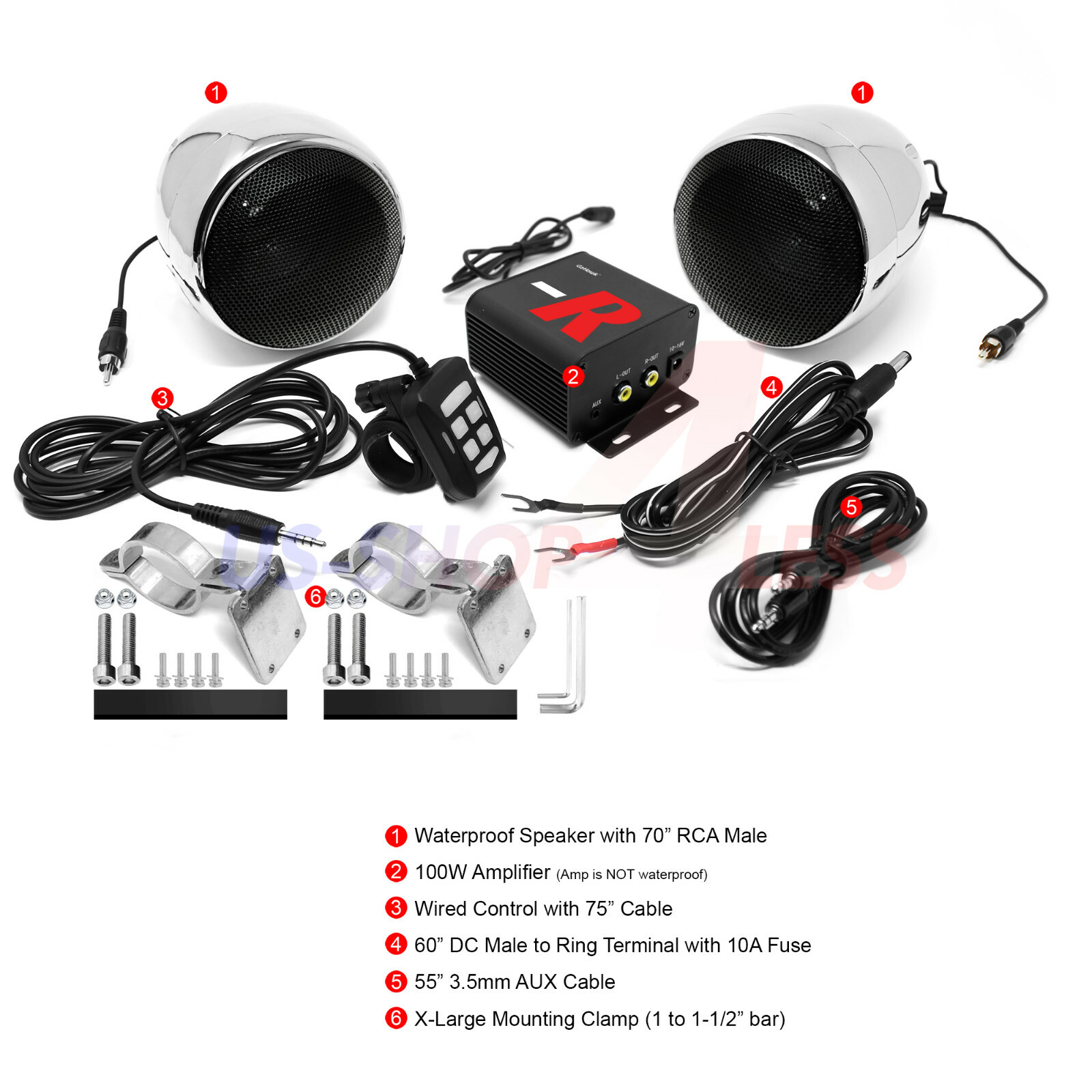 Bluetooth Motorcycle 100W Amplifier Waterproof Stereo Speaker Audio Radio System