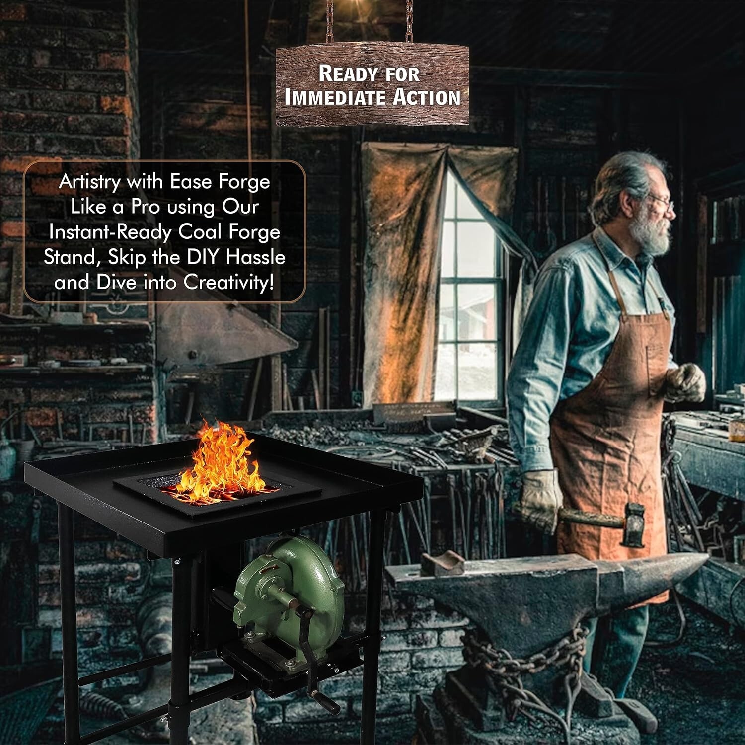Coal Forge Stand with Fire Pot & Hand Blower - Blacksmithing Starter kit
