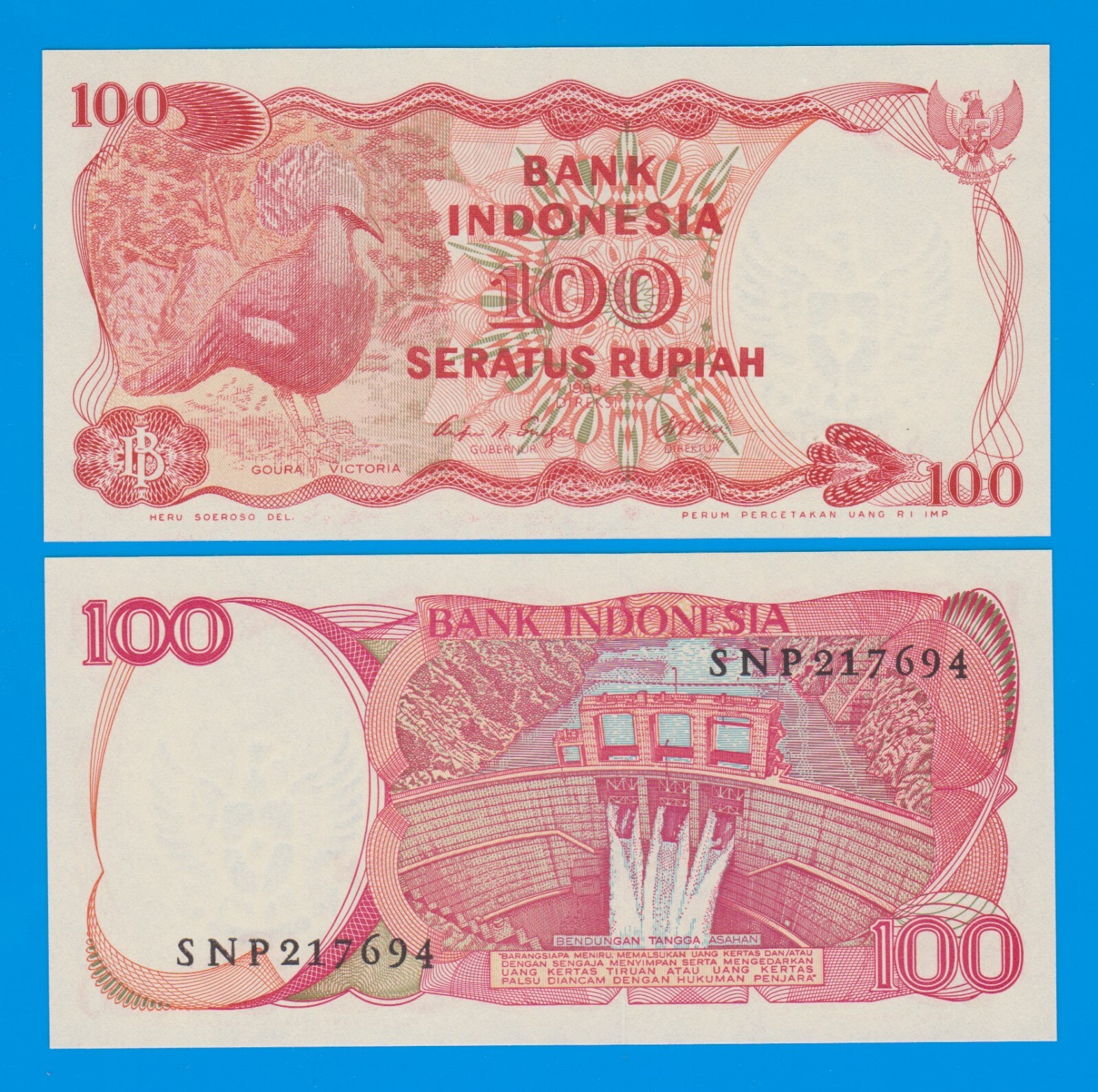 Indonesia 100 Rupiah P 122 1984 UNC Bird, Victoria Crowned Pigeon