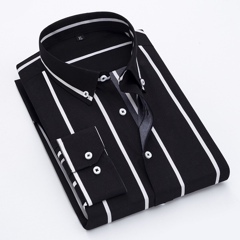 Mens Dress Shirts Long Sleeves Slim Fit Camisas Striped Cotton Casual Shirts Top