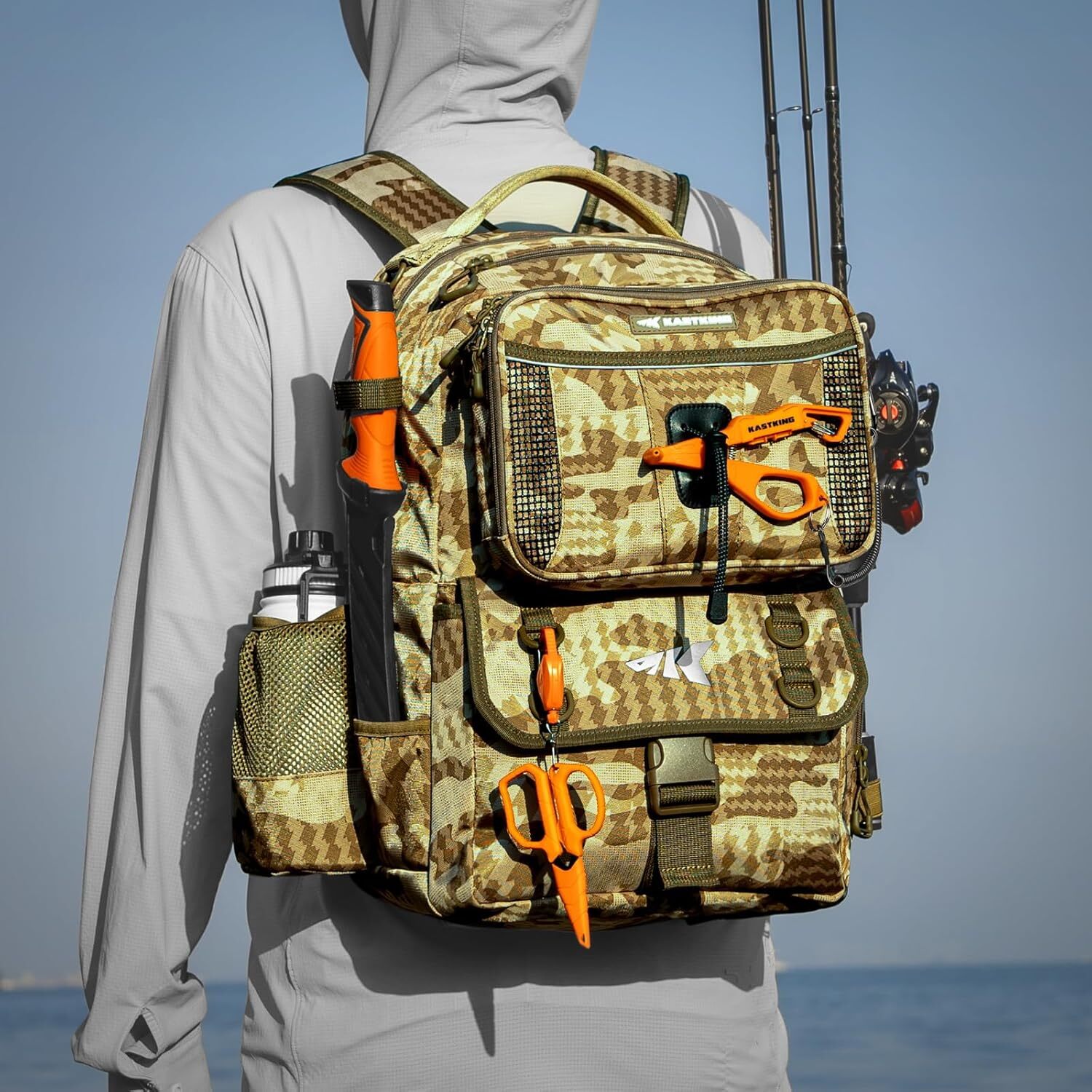 KastKing 50L Tackle Backpack Fishing Gear W/ 4 Boxes Bait Binder Rod Holders