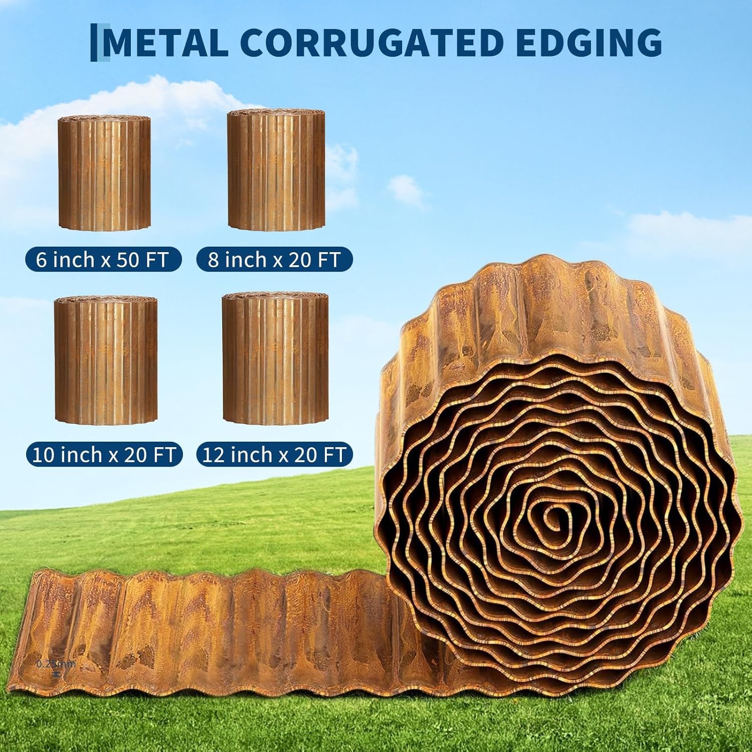 Corrugated Metal Garden Edging, Rusted Landscape Border for DIY Flower Bed Lawn