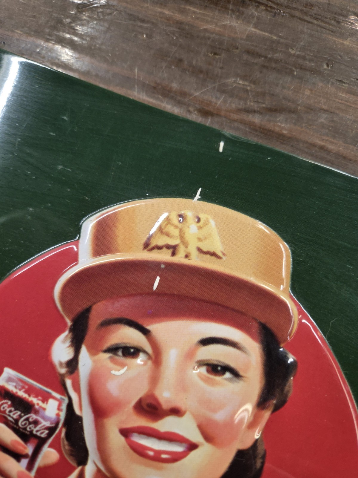 Coca-Cola Military Beauties Andy Rooney 3D Embossed Tin Sign Dark Green EUC