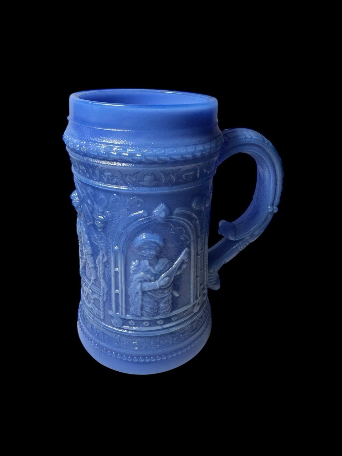 Vintage Blue Pressed Glass Stein Mug Figural Medieval Scene Handle Cup 5”