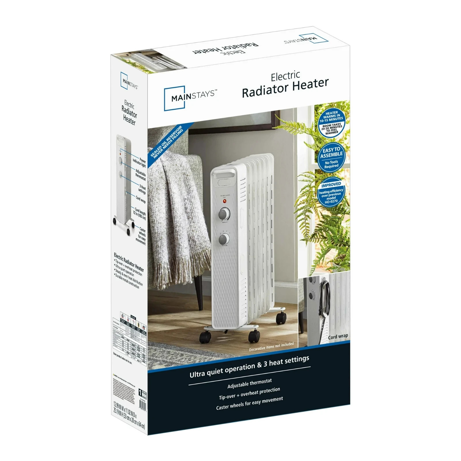 1500W Mainstays Mechanical Oil Filled Electric Radiator Heater White Open Box