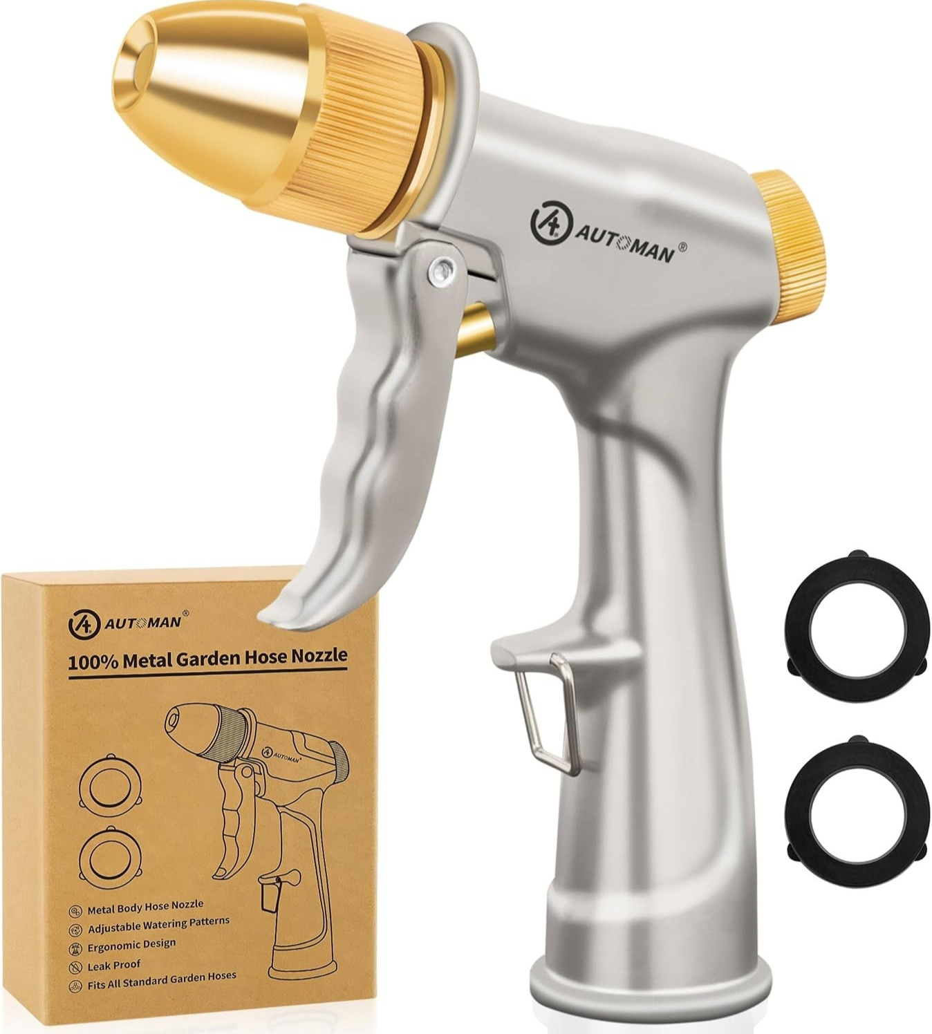 Garden Hose Nozzle High Pressure Metal Sprayer 4 Spray Patterns Heavy Duty