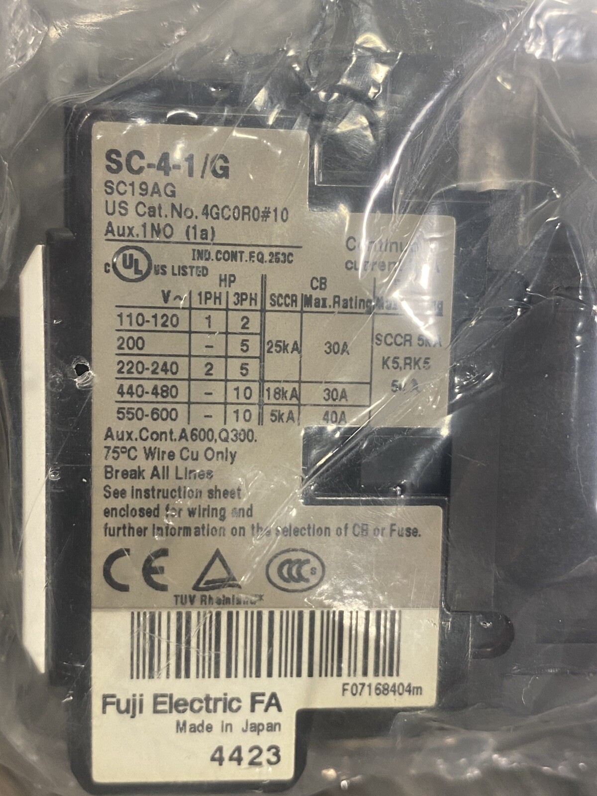 Fuji Electric SC19AG Type SC-4-1/G (19) Magnetic Contactor 24VDC Coil 32A -USA