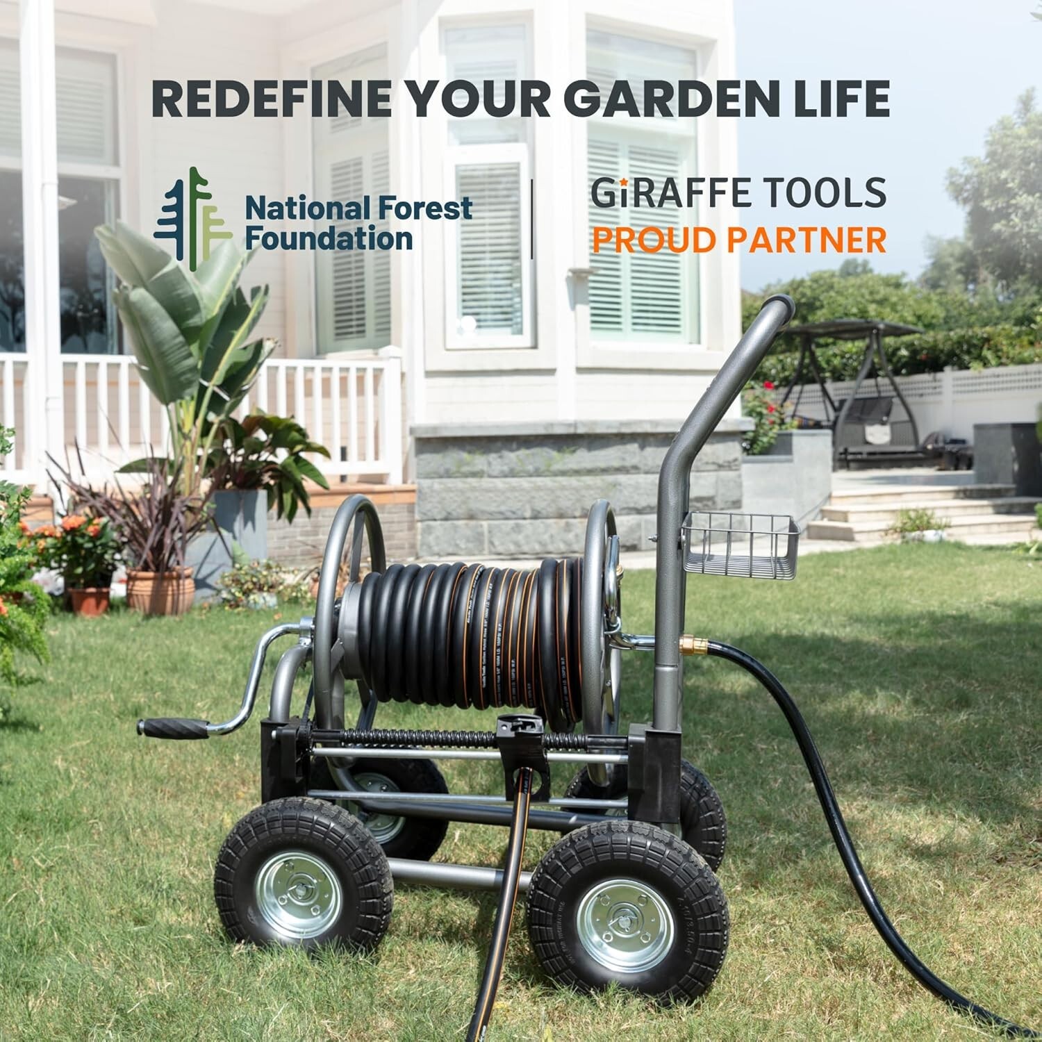 Giraffe Tools Metal Garden Hose Reel Cart with Wheels, 250ft