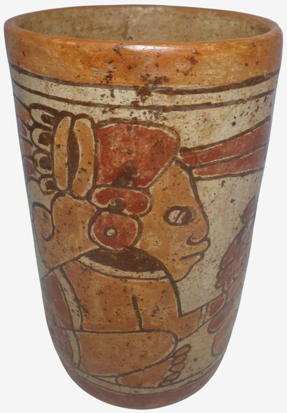 MID-CENT REPRO of PRE-COLUMBIAN HAND DEC CERAMIC CYLINDER VESSEL of SEATED DEITY