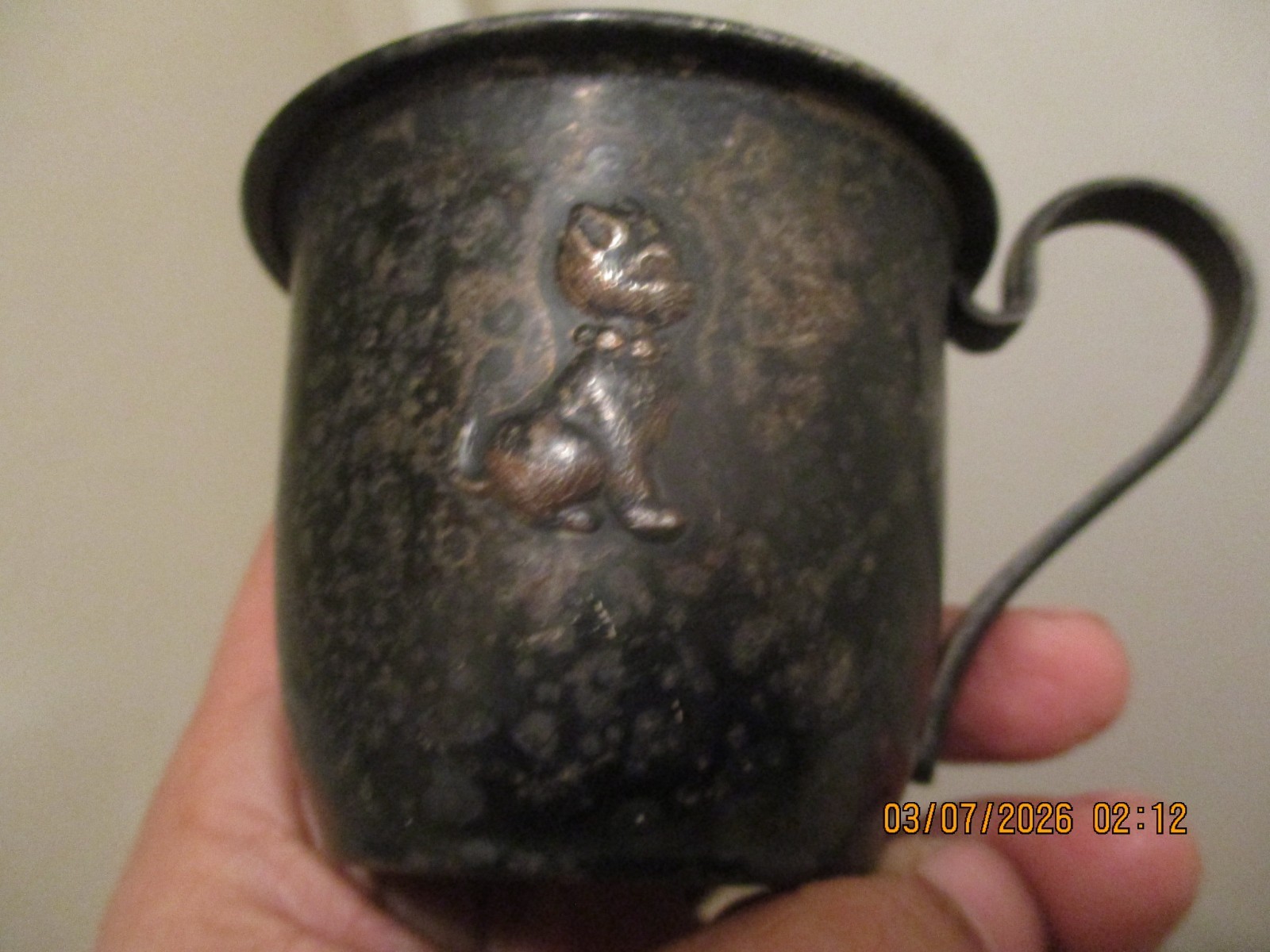 Vtg Selandia Denmark 820 European Silver Children's Cup w/ Embossed Cat