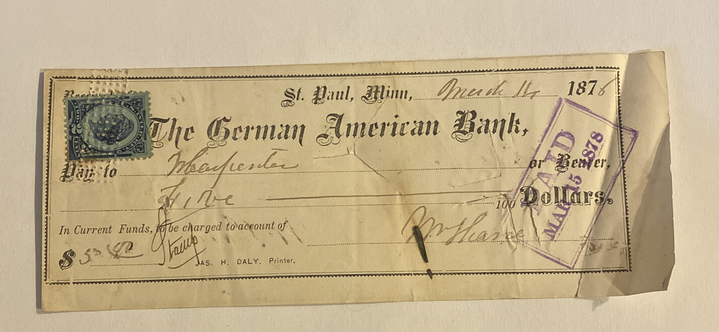 Vintage Check 1878 ~ German American Bank ~ St. Paul Minnesota MN