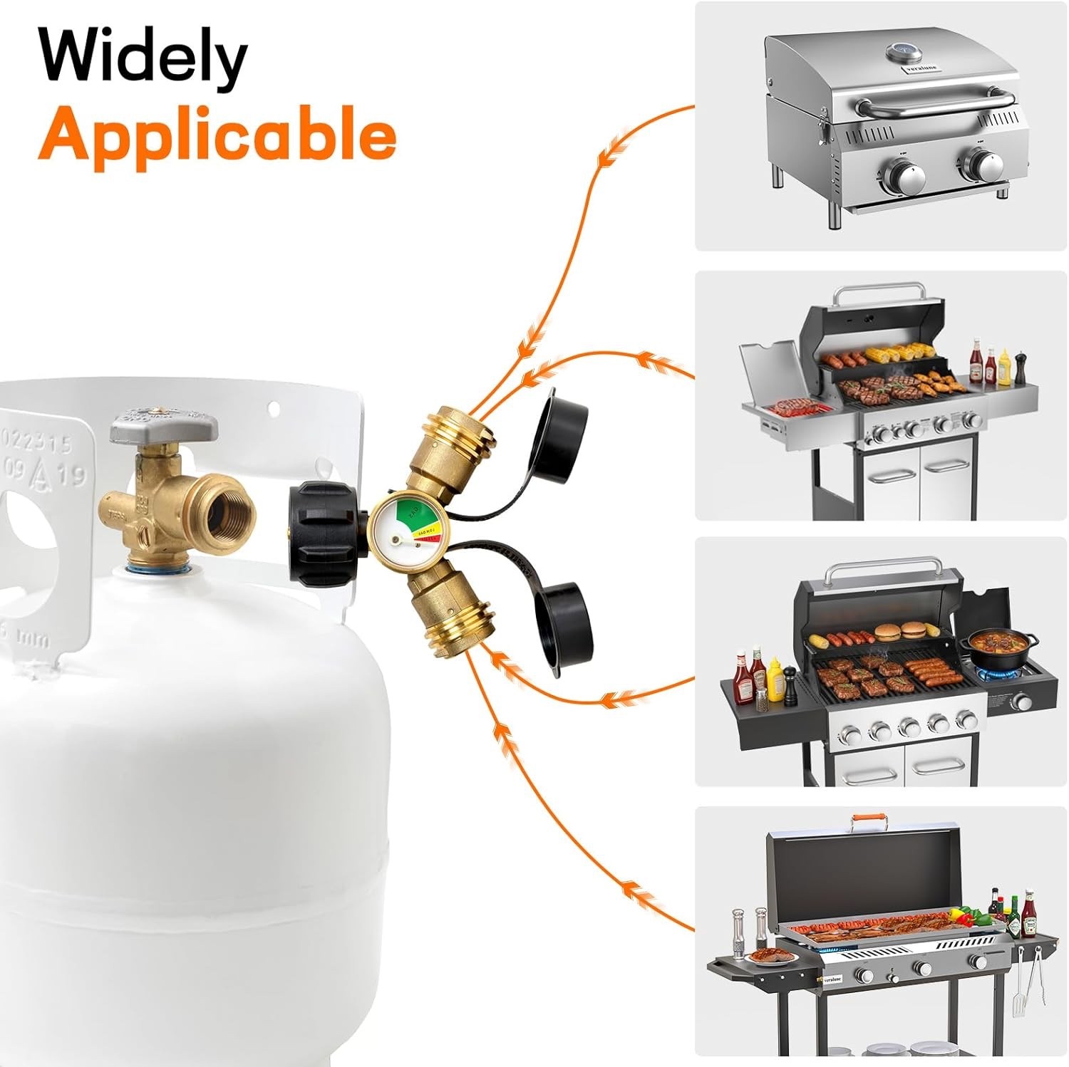 Propane Tank Y Splitter Adapter 2 Way LP Gas Tee Connector With Gauge