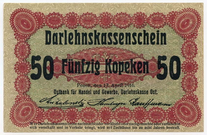 1916 WWI GERMAN OCCUPATION OF RUSSIAN AREAS (POZNAN) 50 KOPEKEN NOTE CRISP AU.