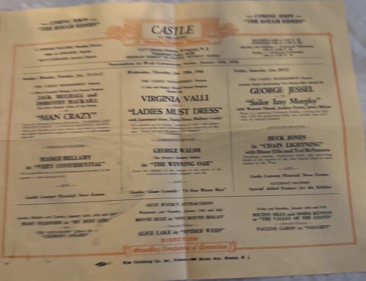 vintage promotional poster for "The Castle" theatre in Irvington, 1928