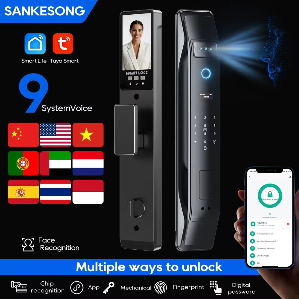 3D Face Recognition Smart Door Lock with Camera Fingerprint Password Key Unlock