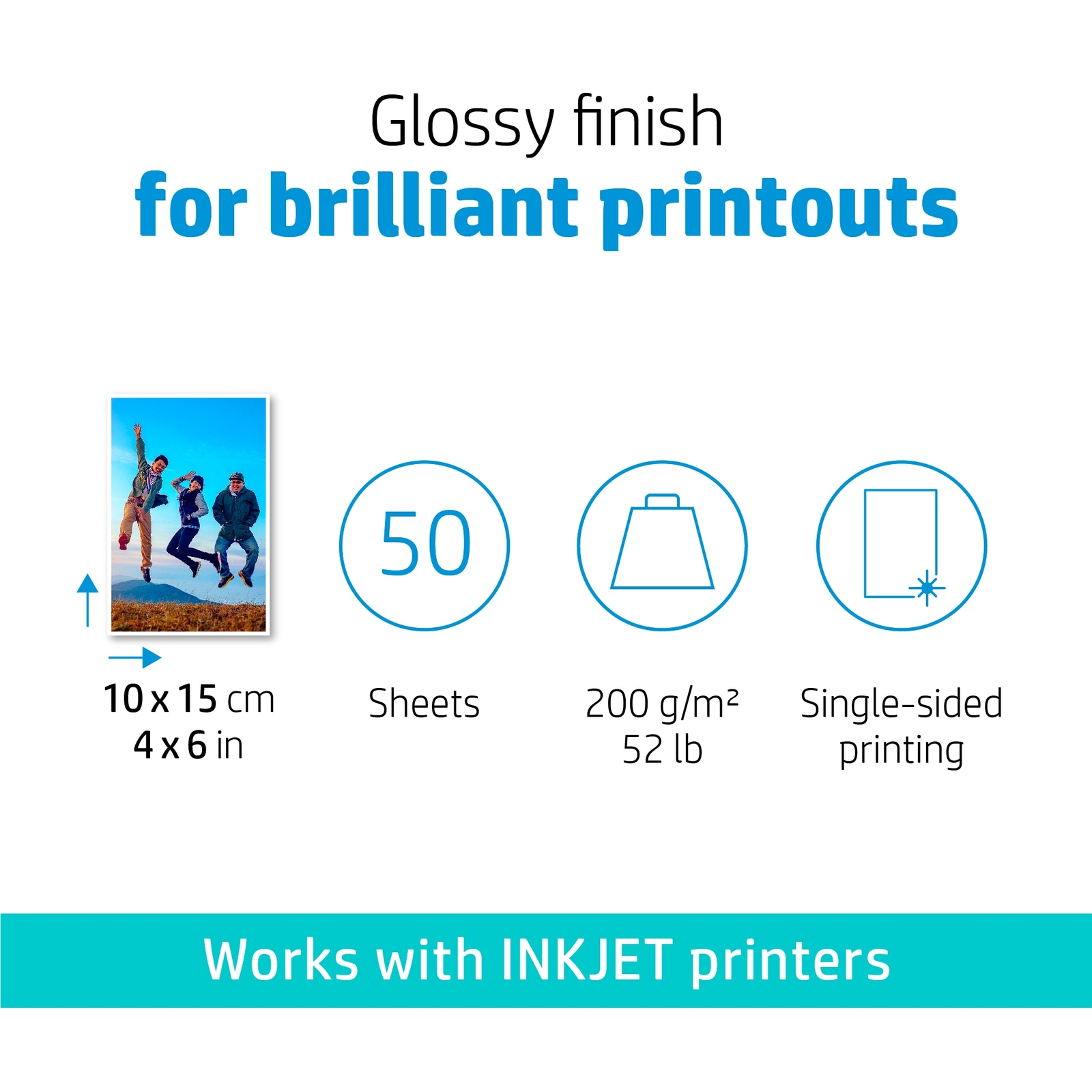 HP Everyday Photo Paper, Glossy, 52 lb, 4 x 6 in. (101 x 152 mm), 50 sheets